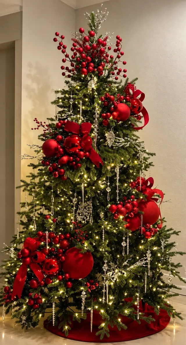 Árvore verde com ornamentos vermelhos, laços, cristais pendentes e iluminação delicada.